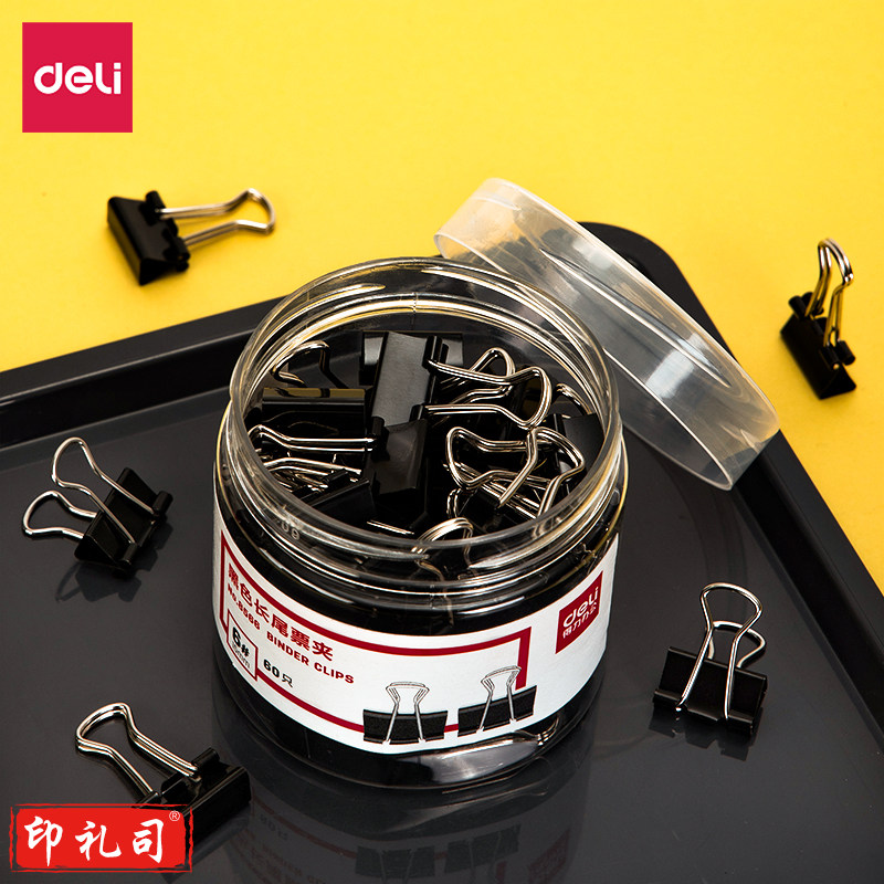 得力8566-6#黑色长尾票夹15mm筒装(黑)(60只/筒) 