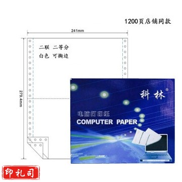 科林电脑打印纸241-2联两层二等分打印纸1200页全白可撕边