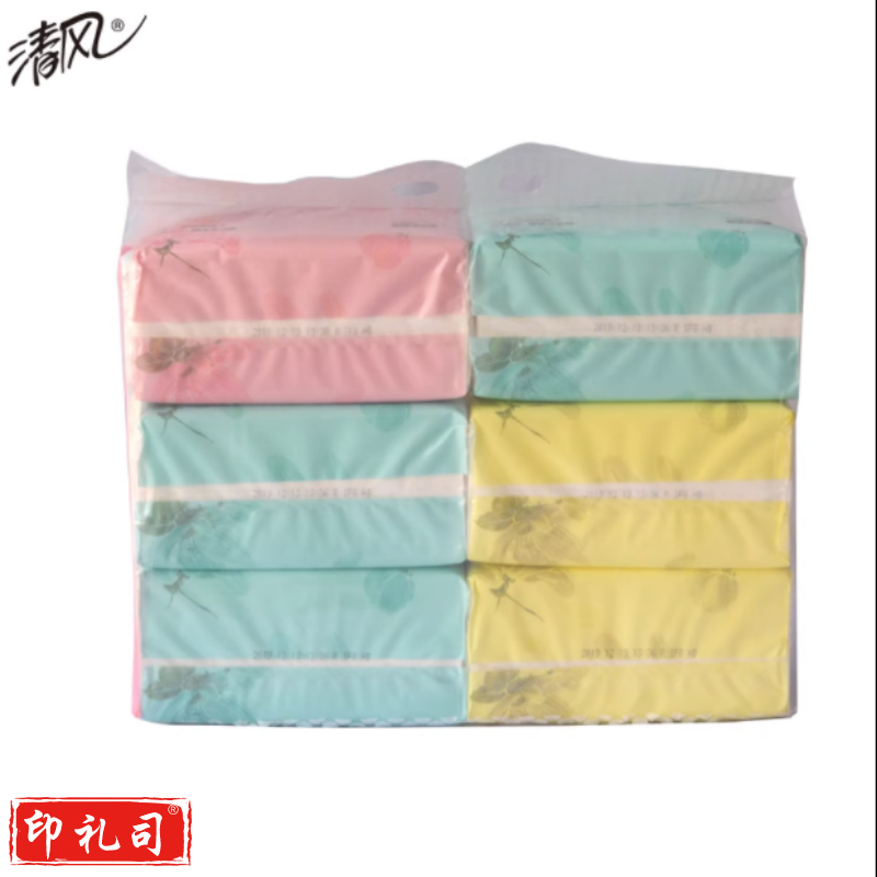 清风3层小规格130抽糖果色6包装抽取式面巾纸