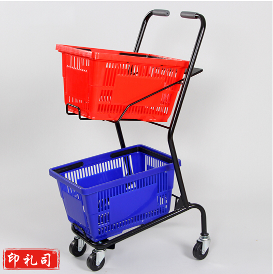 双层提篮车、商场家用超市购物车、酒吧KTV手推车粉色理货车 黑色双层分把提篮车(含2塑料篮)