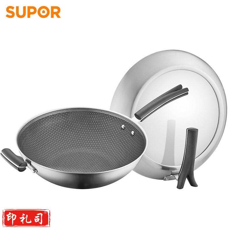 苏泊尔CC32JA1 X晶盾不锈钢炒锅 可立盖（有副把手）32cm