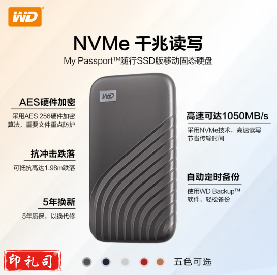 西部数据(WD)1TB NVMe 移动固态硬盘（PSSD）My Passport随行SSD版 深空灰 Type-C接口 防摔 加密 存储