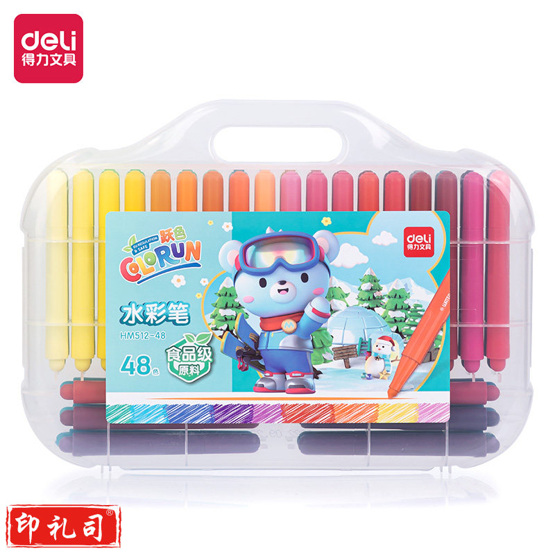 得力HM512-48_PP盒装萌咿滑雪粗圆杆食品级水彩笔(混)(盒)