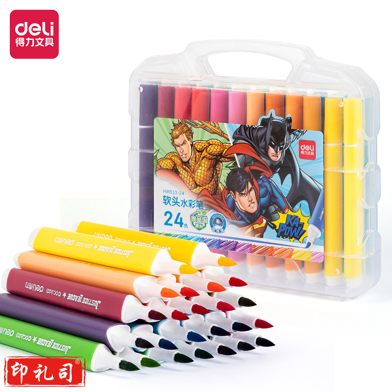得力HM513-24_PP盒装正义联盟粗三角杆食品级软头水彩笔(混)(盒)