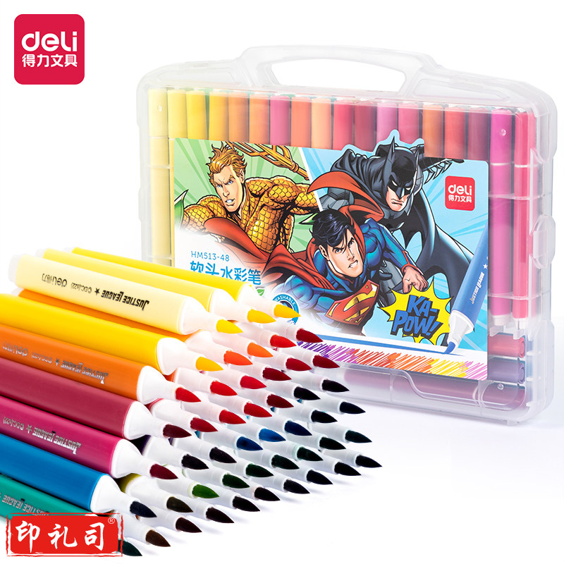 得力HM513-48_PP盒装正义联盟粗三角杆食品级软头水彩笔(混)(盒)