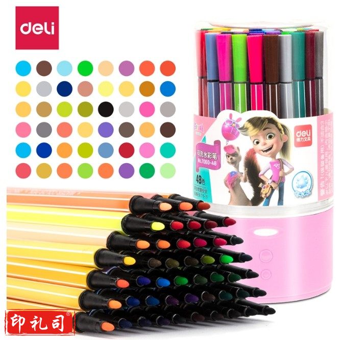得力（deli）48色儿童可水洗创作画笔学生绘画彩虹筒美术涂鸦考试礼六角细杆水彩笔 物7060-48(混色)(桶)