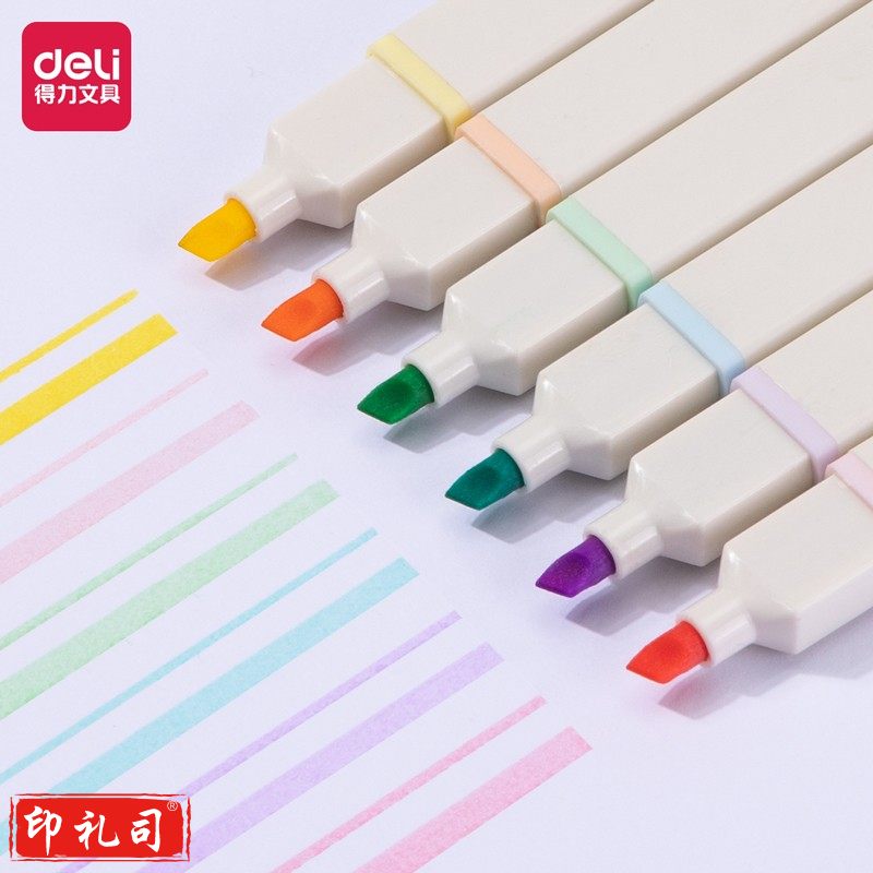 得力大容量荧光笔银光笔标记笔学生用粗头重点标记笔彩色记号笔淡色系 马卡龙色系方杆荧光笔(混)S742