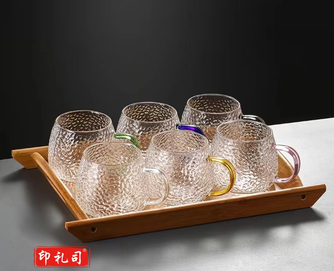  茶水杯托盘套装6只水杯 六色杯+双耳竹托盘 玻璃杯水杯 耐热带把茶杯