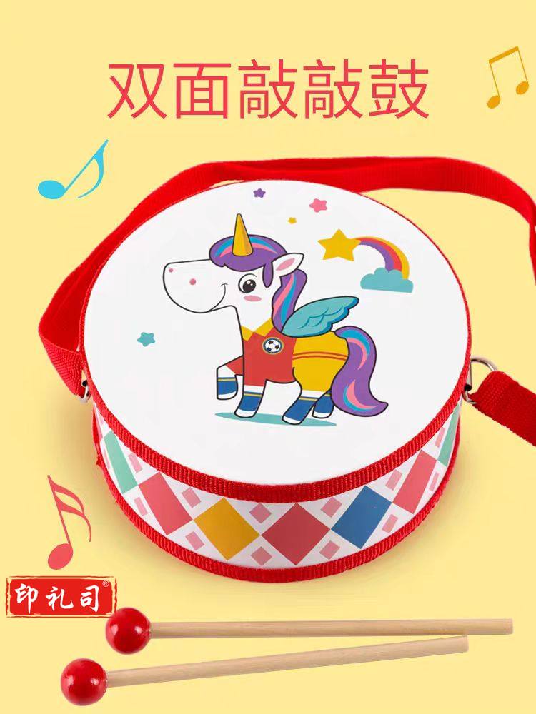  木制双面敲敲鼓 音乐启蒙幼儿童益智玩具男孩女孩击打乐器手拍腰鼓小军鼓3-4-6周岁幼儿园宝宝生日礼物