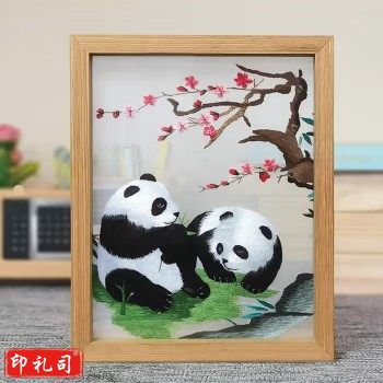 蜀绣雪娃娃熊猫双面刺绣摆件工艺品中国特色礼物 梅花熊猫