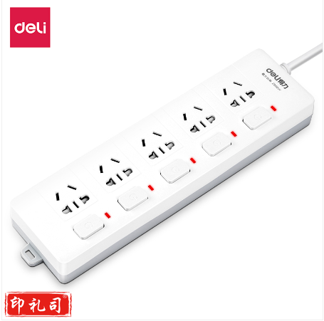 得力18176-03插座接线板_5组_3米_PVC袋装(白)(只).