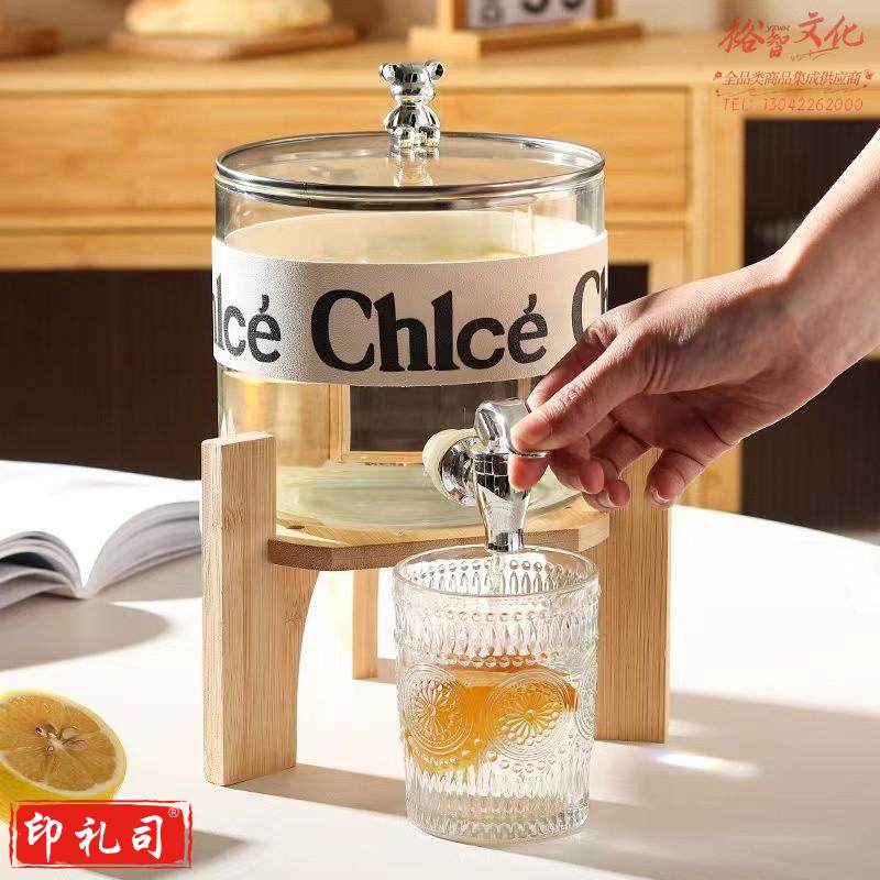  玻璃带龙头含木架2.6L水龙头水果茶桶自助饮料桶果汁罐青梅酒泡桶