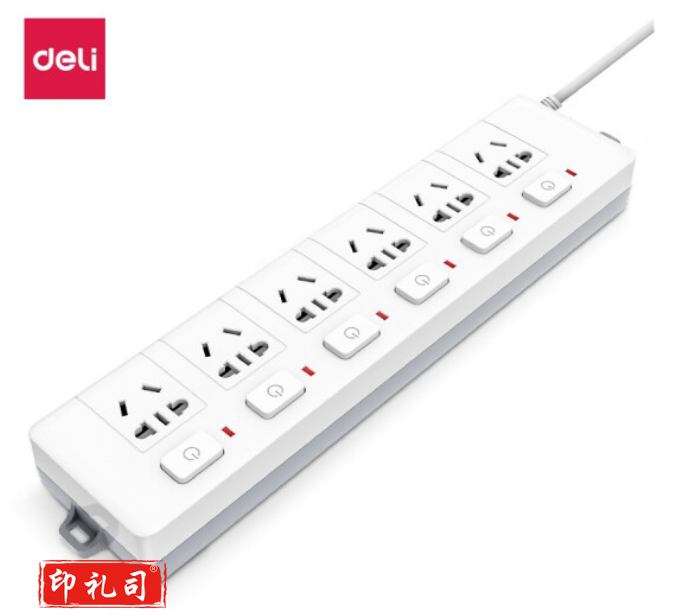 得力3980(05)延长线插座_6组_5米_PVC袋装(白)(只)