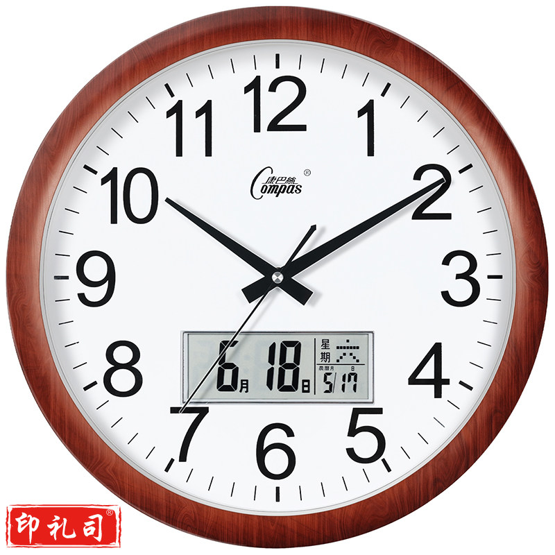 康巴丝(Compas)挂钟客厅万年历钟表挂墙石英钟日历时钟3128Y 木纹日历款 38cm