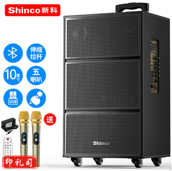 新科V50广场舞音响户外大音量拉杆音箱五喇叭木质箱体大功率家用K歌移动摆摊低音炮 10吋双咪