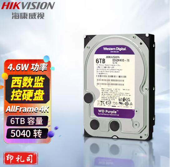 海康威视(HIKVISION)西数监控通用硬盘监控配件搭配监控设备安全稳定6TB机械硬盘西数6T DS63HKVS-78