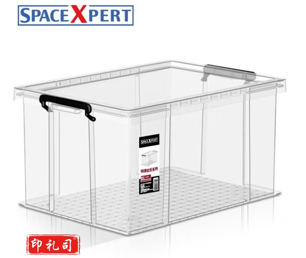 SPACEXPERT直角抗压收纳箱玩具衣物零食整理箱桌面收纳盒塑料透明书箱养鱼箱 透明色 直角抗压箱65L单只装(带轮)