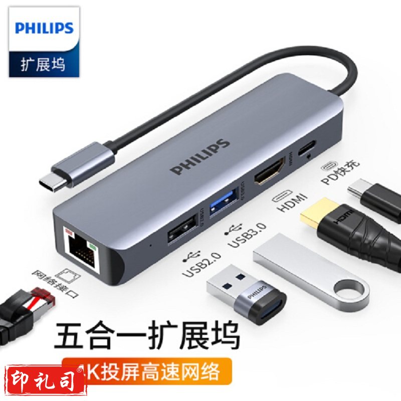 飞利浦Type-C扩展坞SWR1608R/93  USB-C转HDMI转换头网线口分线器 适用苹果M1华为转换器MacBook拓展坞4K投屏