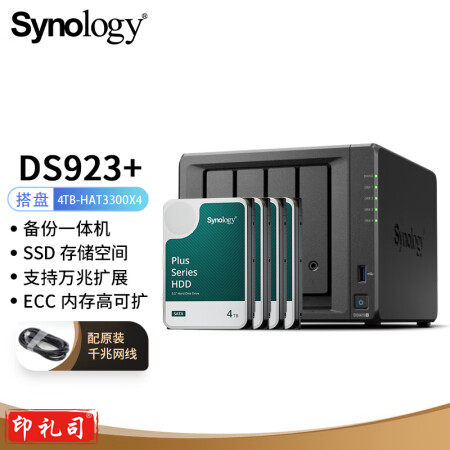群晖（Synology）DS923+ 4盘位万兆扩展NAS 网络存储 私有云 团队云 备份网盘 标配+4T酷狼*4  