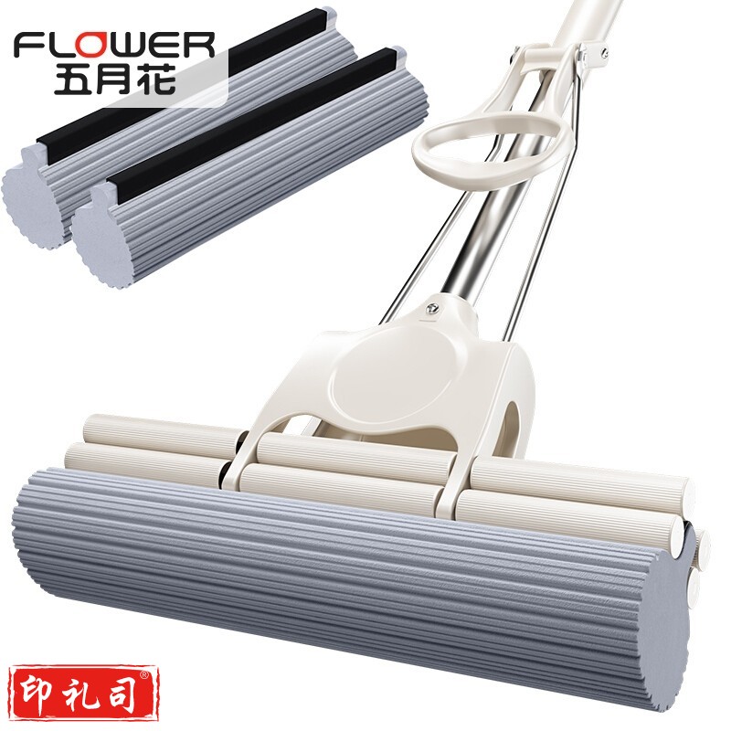 五月花 滚轮式免手洗33cm胶棉拖把海绵吸水地拖免手洗墩布2头JM04