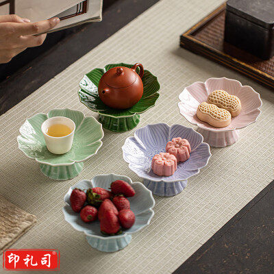 中式复古陶瓷高脚果盘 高脚款莲花小盘