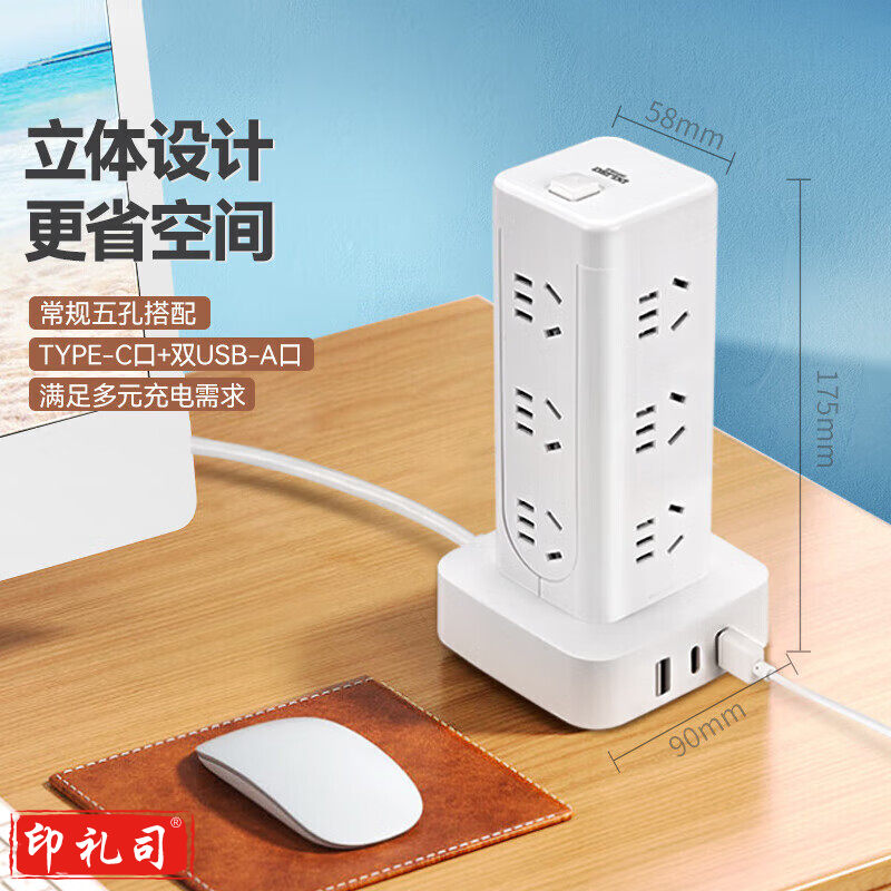 德力西(DELIXI)立式插座/插排/排插/插线板/插板/接线板/拖线板 12位五孔USB+TYPE-C总控3米过载保护