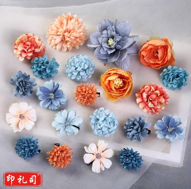 簪花头饰绢花发饰汉服花朵发夹古风头花边夹发卡儿童古装配饰唐风  蓝橘色系-21朵