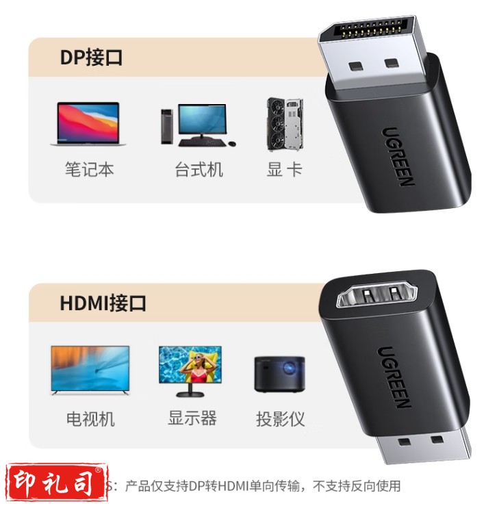 绿联DP转HDMI转接头 4K高清DisplayPort公对母视频转换器 电脑显卡台式机接显示器投影仪连接线65302