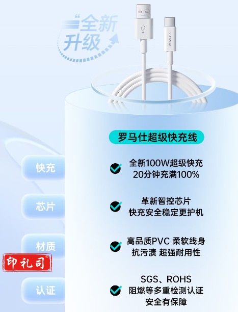 罗马仕Type-C数据线6A超级快充1.5米