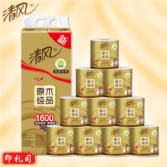 清风   金装原木纯品卷筒纸4层160g纸巾卫生纸整箱6提60卷 B20A6J
