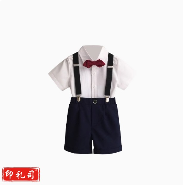 男童礼服夏季主持人背带裤套装  （白短衬衫+黑短裤+红领结+背带） 货号：LJ