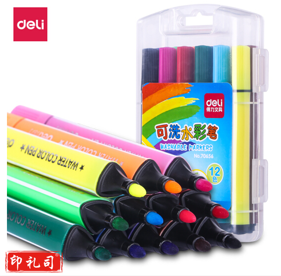 得力 12色水彩笔  可水洗绘画笔 粗三角杆 70656盒装