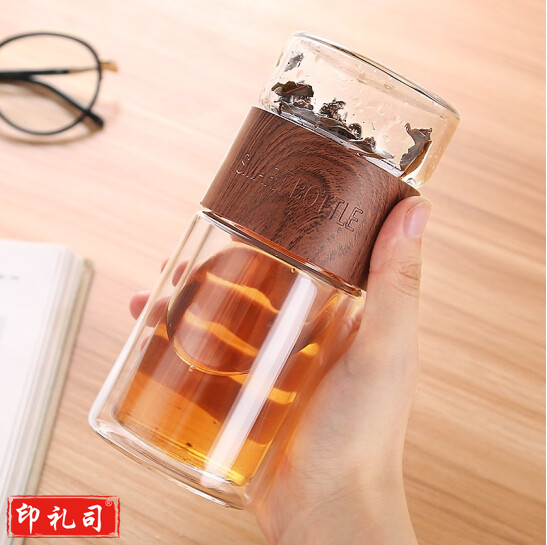 绿珠 双层玻璃杯  茶水分离过滤办公泡茶水杯200ml  B730木纹