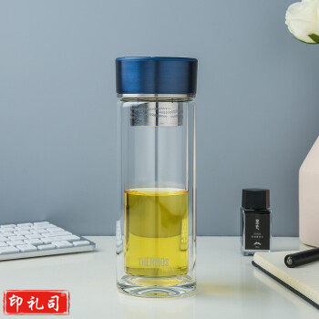 膳魔师(THERMOS) 透明便携玻璃杯双层隔热水杯男女茶水分离泡茶杯高硼硅玻璃300ML TCGD 蓝色