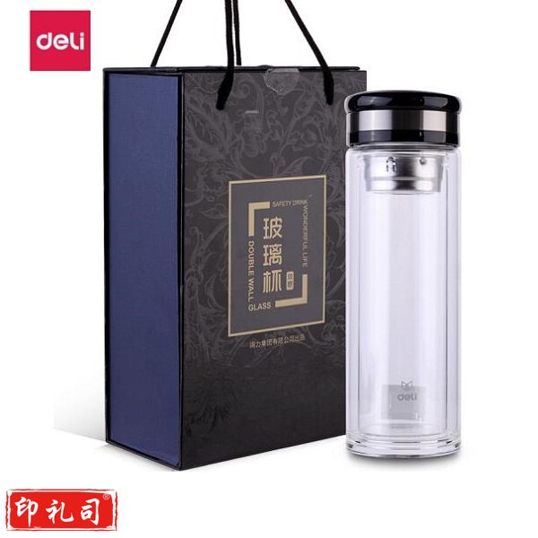 得力(deli) 6100 400ml双层隔热玻璃杯带茶隔茶杯