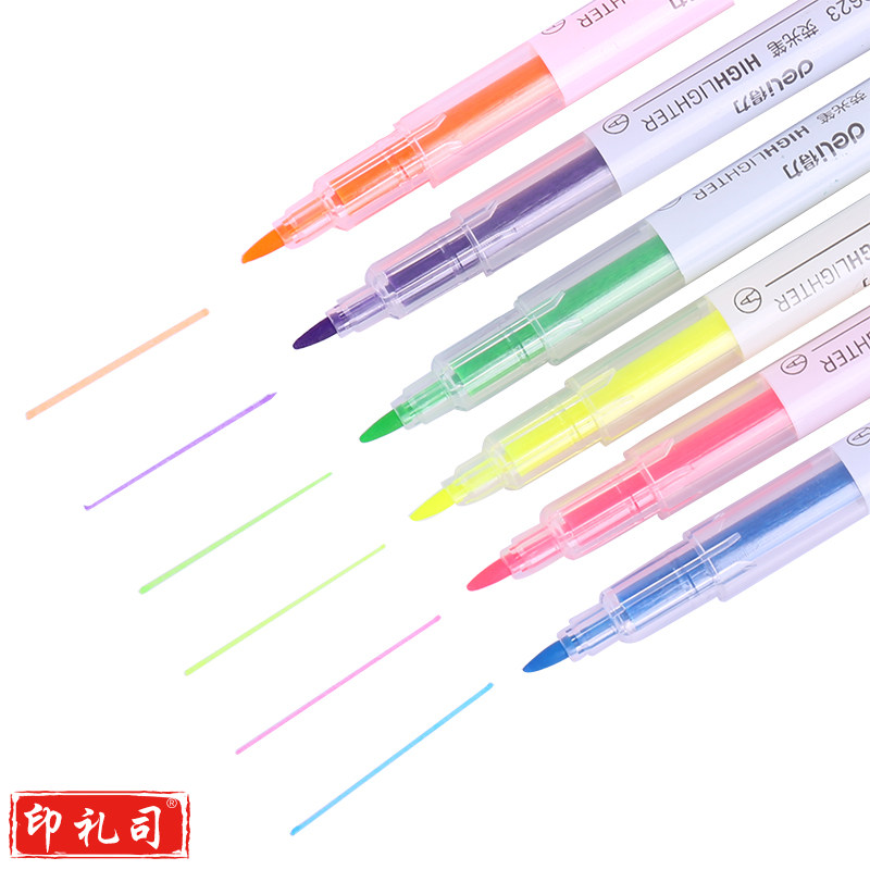 得力（deli）6色双头荧光笔 醒目标记笔 手帐可用水性记号笔6支/盒 s627