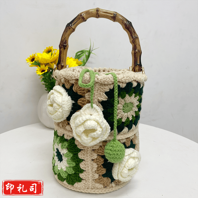 DIY祖母格材料包手工编织包山茶花水桶毛线包手提斜跨包成品自制